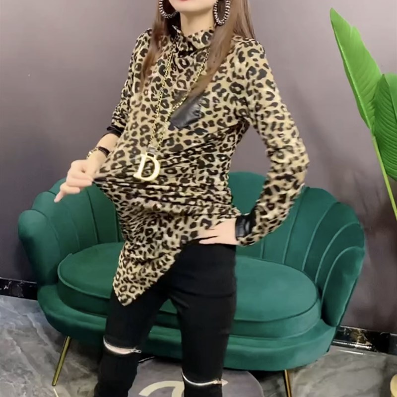 气质豹纹t恤女22秋冬半高领长袖洋气显瘦减龄设计感不规则打底衫