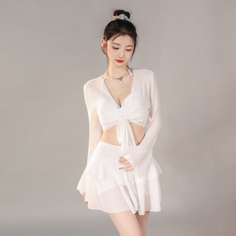 泳衣女小个子女款泡温泉遮肉分体三件套白色2024新款爆款海边度假