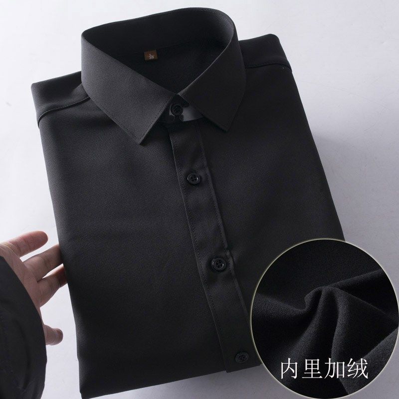 加绒加厚男士黑色长袖衬衫!基础百搭显瘦长袖免烫保暖内搭衬衣冬