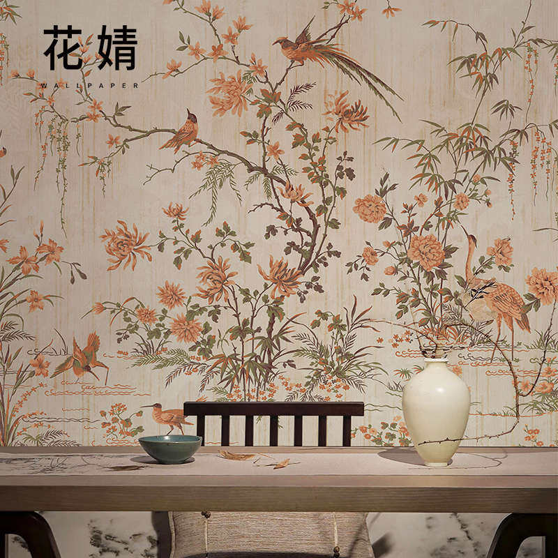 中式壁画布卧室壁纸花鸟客厅墙宿电视民沙发墙纸布背景定制新壁墙