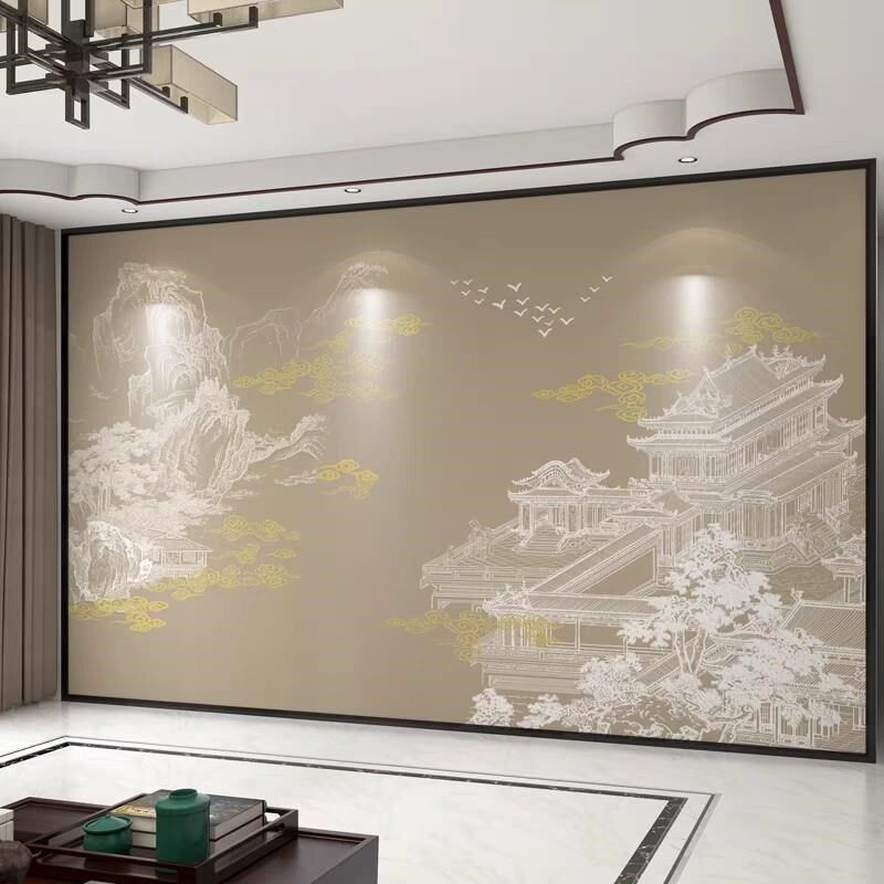 壁纸定制新中式亭台楼阁电视背景墙壁布客厅墙纸沙发装饰墙布壁画