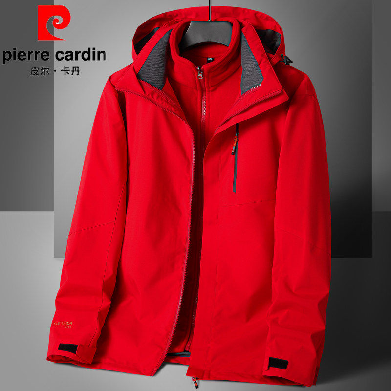 皮尔卡丹高端三合一冲锋衣男装加大码红色外套本命年爸爸加绒夹克