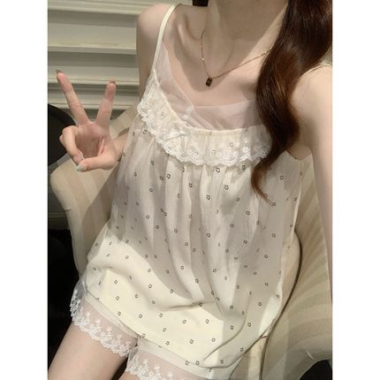 熊仔夏季新款睡衣云朵棉蕾丝v领吊带短裤固定胸垫甜美家居服套装
