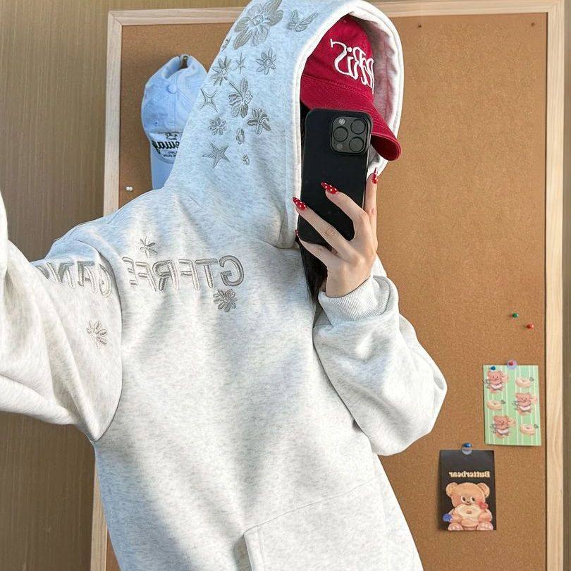 HandSeven高街花卉刺绣连帽卫衣