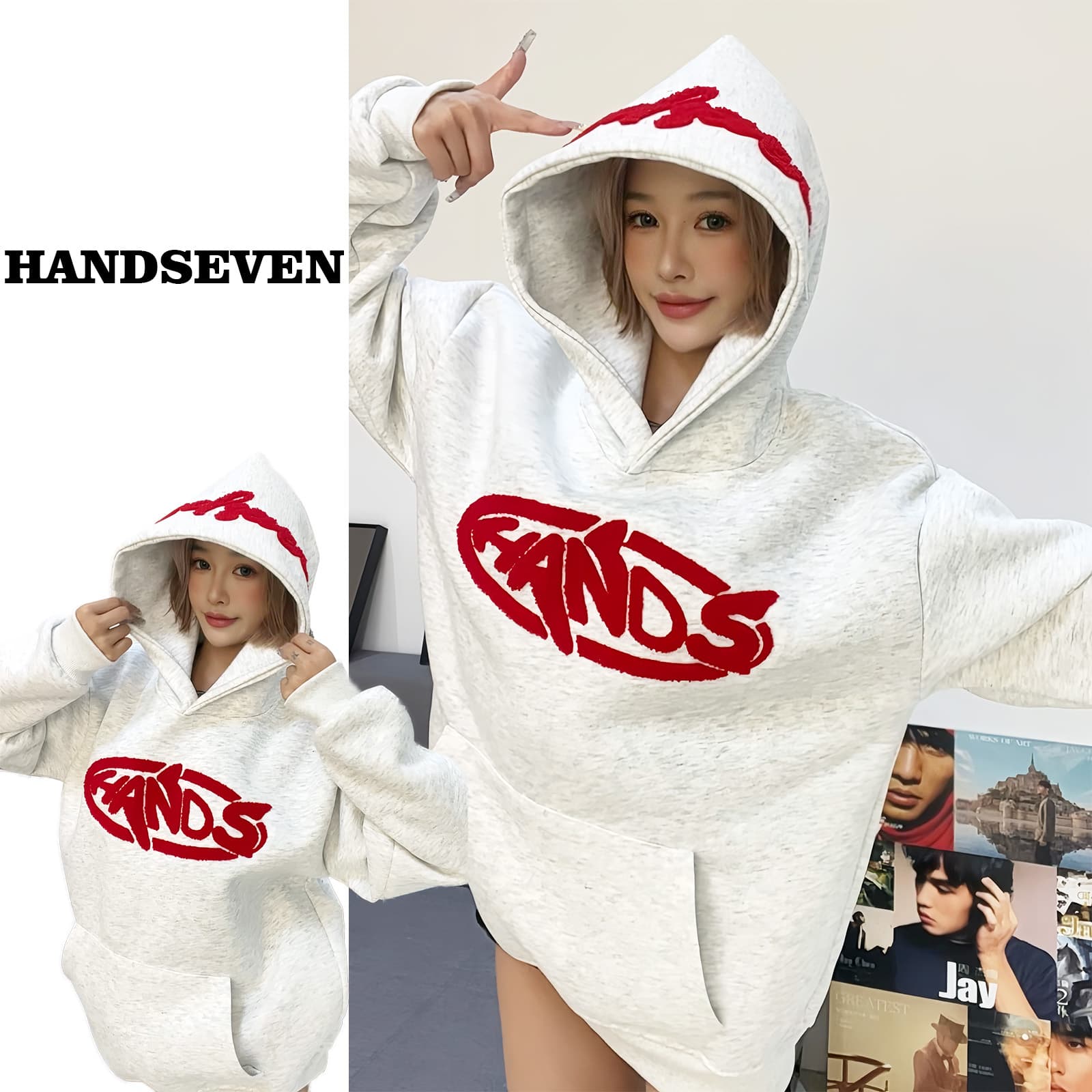 HandSeven美式复古毛巾字母刺绣重磅连帽卫衣ins学生冬季帽衫上衣