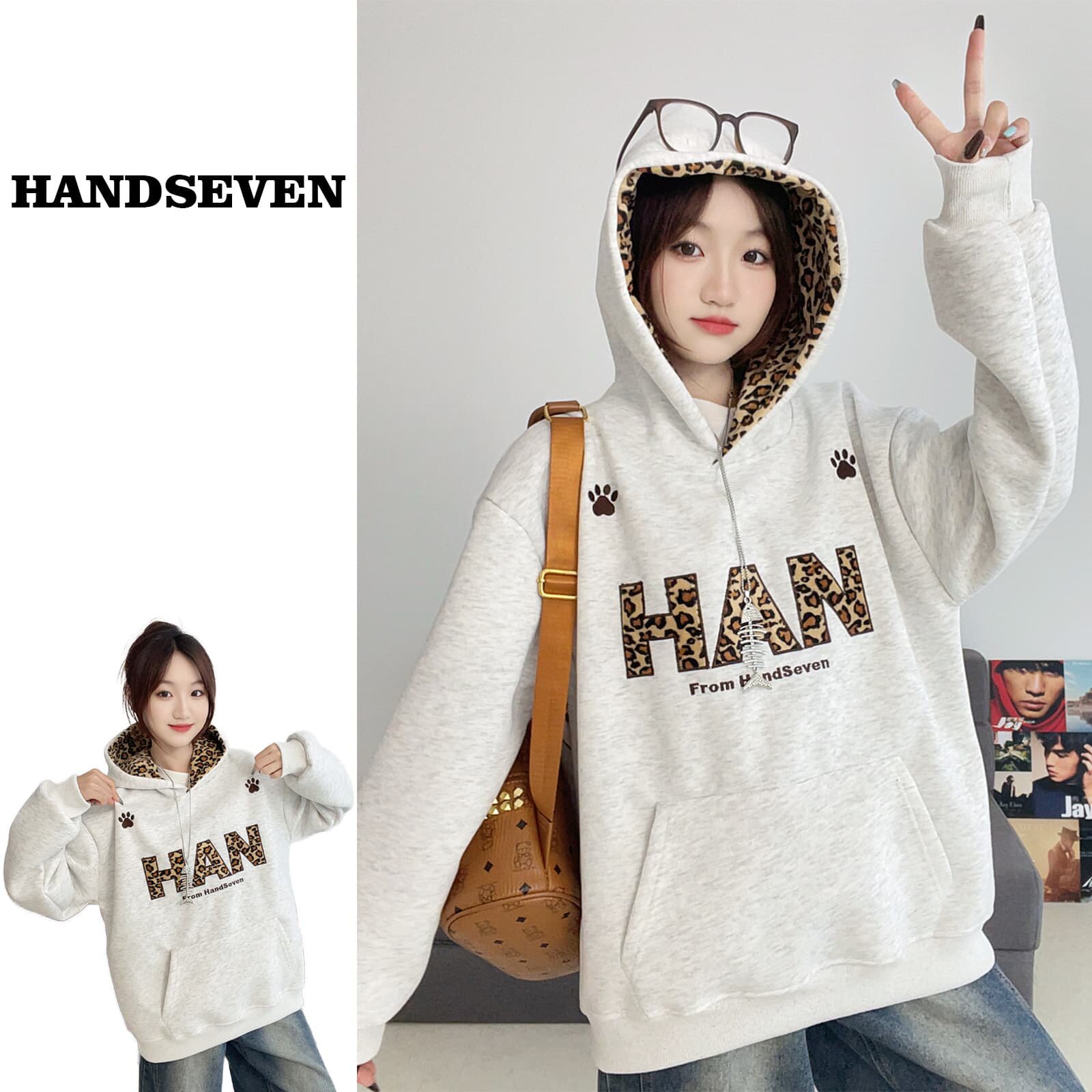 HandSeven美式2025新款豹纹字母刺绣重磅卫衣秋冬连帽帽衫潮酷