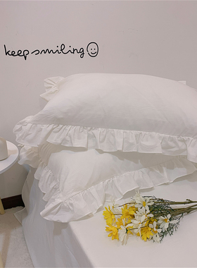 很好搭ins本白色荷叶花q边纯棉枕套全棉水洗棉透气除螨单人48*74c