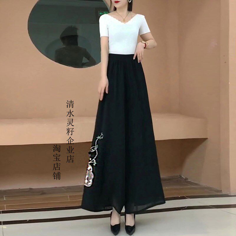 夏季新款民族风刺绣阔腿裤裙裤2025国风新中式雪纺长裤女裤阔脚裤