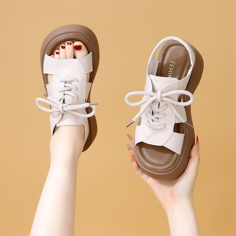 厚底凉鞋女款2025夏季新款时尚松糕镂空系带露趾软底沙滩鞋大码41