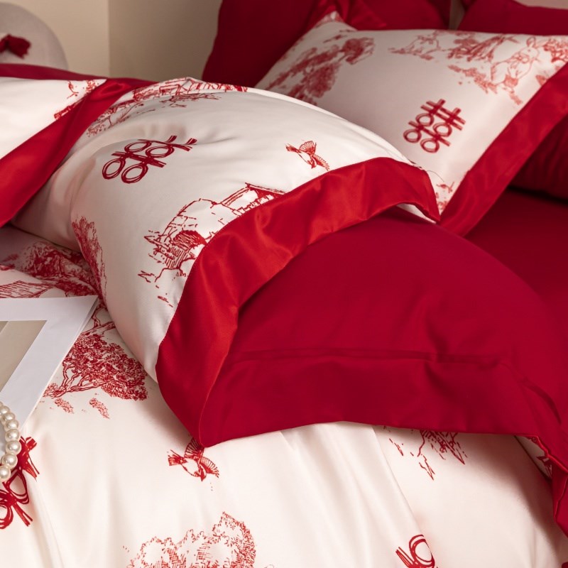 高档中式简约婚庆四件套大红色床单被套纯棉结婚床上用品婚房喜被