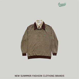 SUPPLI 日系潮流学院风套头衬衫领拼色假两件条纹情侣毛衣男女
