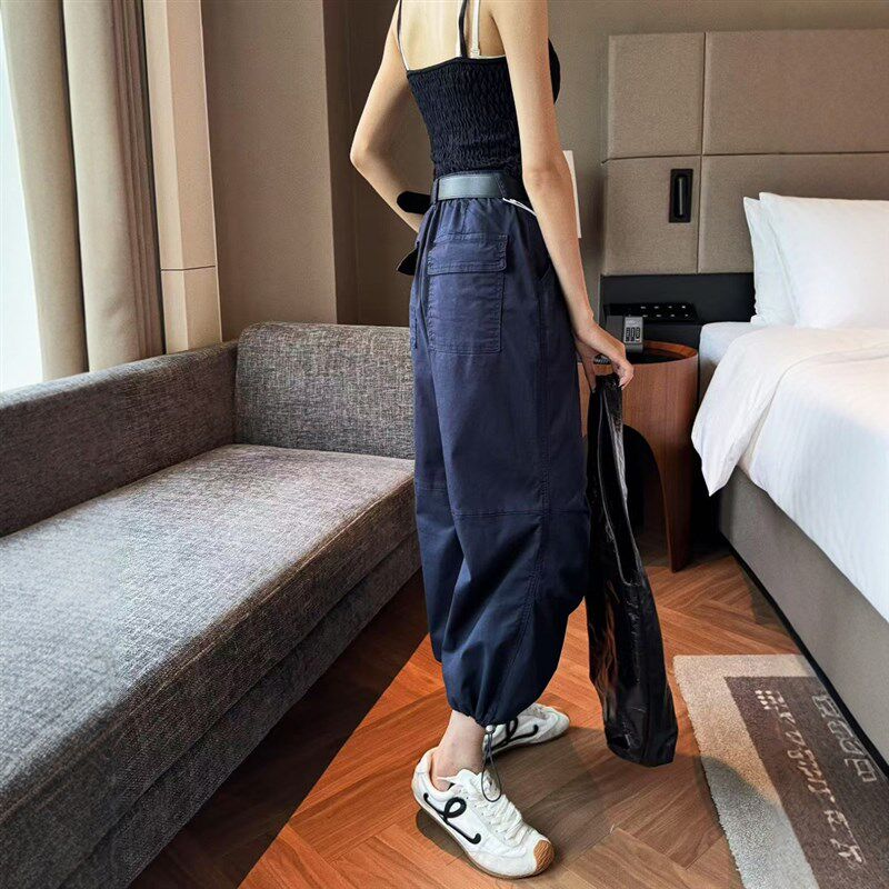 夏季新款工装裤女超薄休闲小个子八分裤大码松紧腰显瘦阔腿直筒裤