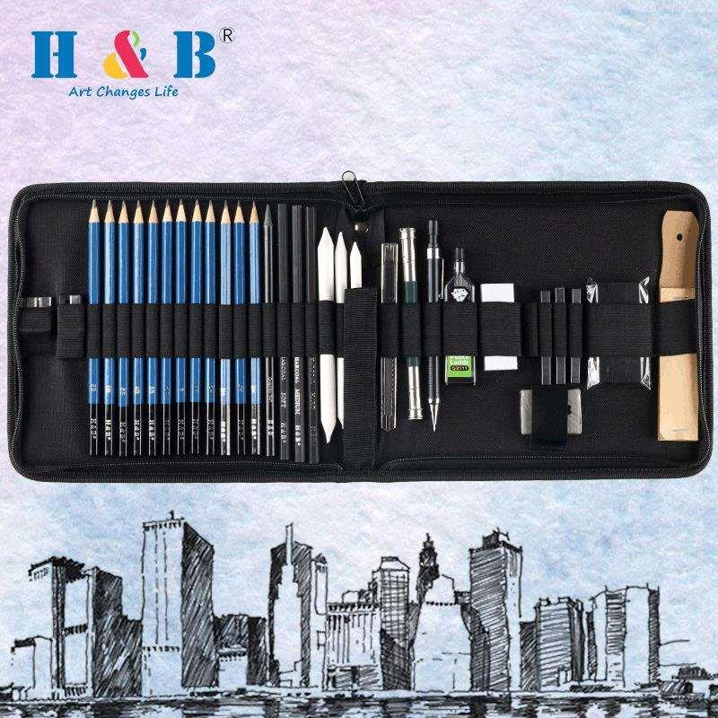 H&B35件自动铅笔素描套装专业D绘图绘画美术用品文具现货笔芯