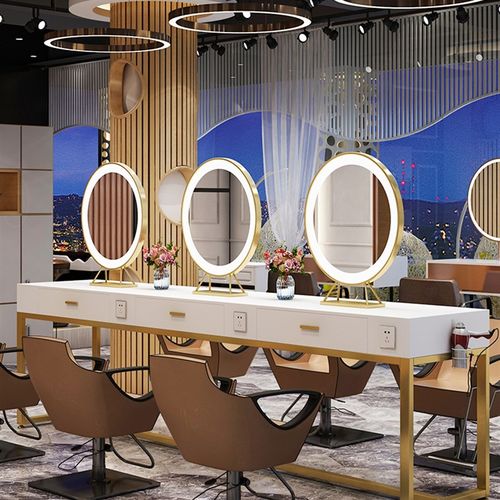台式桌面带灯LED梳妆镜圆发光美发理发店发廊美容化妆镜双面镜子