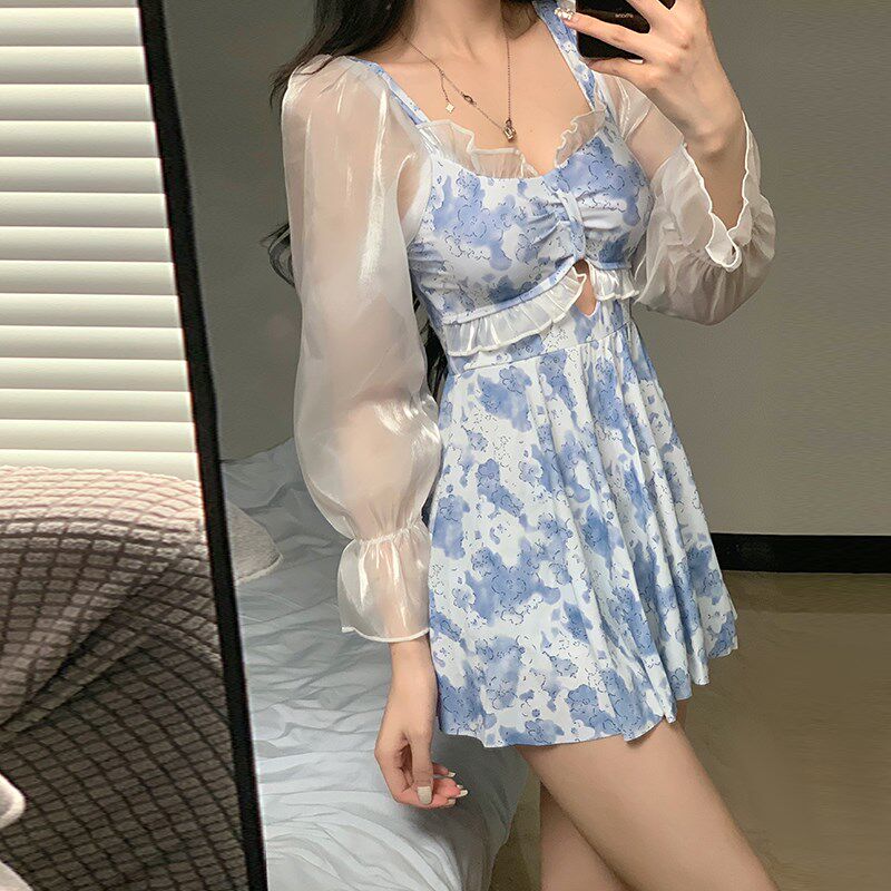 2024夏季新款泳衣女长袖连体保守仙气韩版遮肉显瘦女士泳装高级感