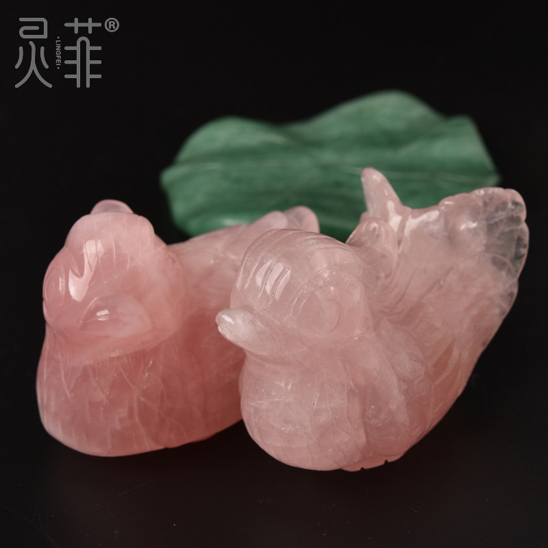 天然粉晶鸳鸯摆件一对比翼鸟芙蓉石粉水晶室内卧室姻缘招桃花饰品