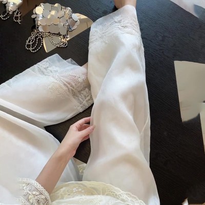 新中式白色蕾丝边刺绣阔腿裤女2025夏季新款潮流设计感拼接直筒裤