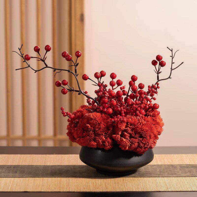 展厅高档仿真花冬青红果发财果假花仿真绿植造景大气桌摆落地插花