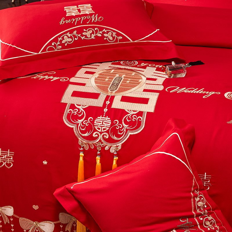 结婚床上用品四件套红色喜字被套婚嫁婚床新婚床单喜嫁婚庆刺绣款