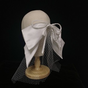 2020新娘缎布蝴蝶结网格系带发夹款 森系可爱婚礼头纱旅拍影楼拍摄