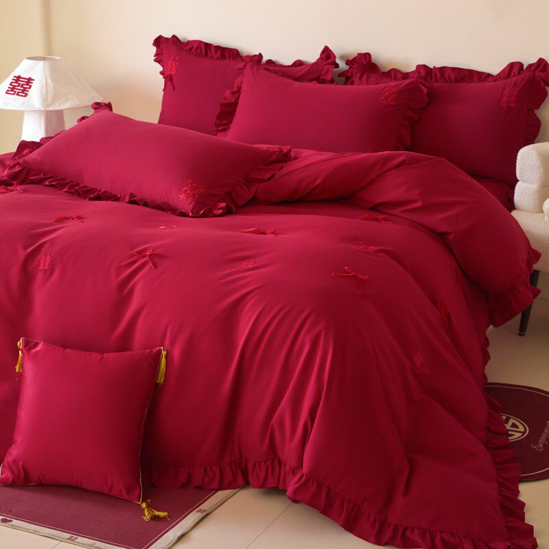 简约喜字刺绣100S婚庆四件套大红色床单新婚被套喜被结婚床上用品