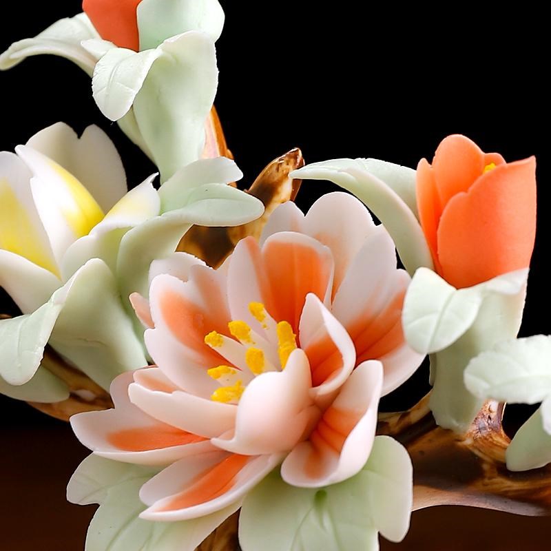 中式招财代代有钱陶瓷牡丹瓷花摆件办公室工位高端大气装饰艺术品