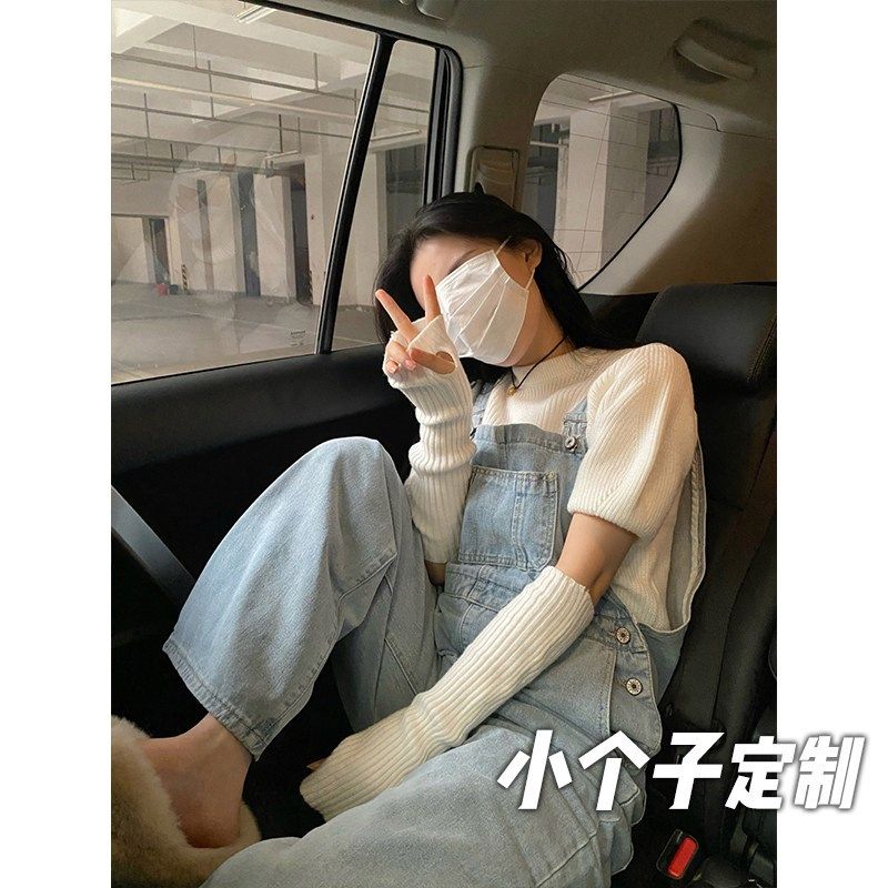 150小矮个子浅蓝色牛仔背带裤女日系可爱直筒阔腿九分xs显高145春