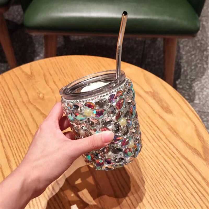 镶钻吸管杯高颜j值便携不锈钢水杯带盖韩式办公咖啡杯礼品