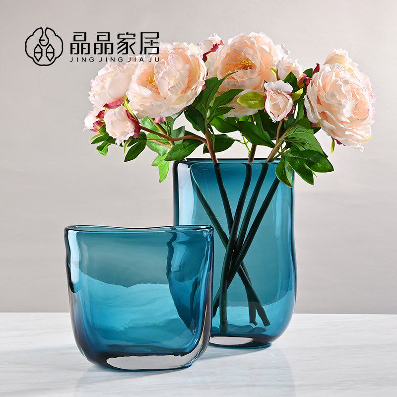 现代简约蓝色大号玻璃花瓶扁口型厚重瓶子客厅摆场陈列玄关饰品