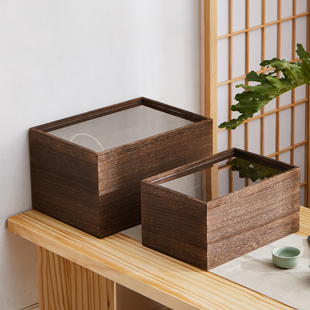 实木抽拉玻璃盖茶叶茶杯收纳盒桌面防尘储物盒木质首饰珠宝陈列盒