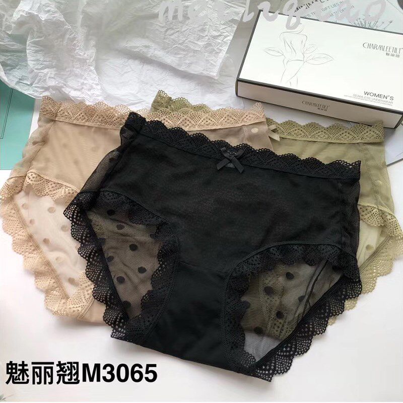 精品三条装c魅丽翘内裤女波点蕾丝网纱透明三角裤夏天透气无痕薄