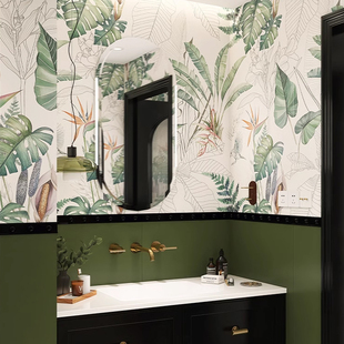 法式小清新墙纸美式高级感浴室卫生间墙壁纸防水防潮自粘瓷砖贴纸