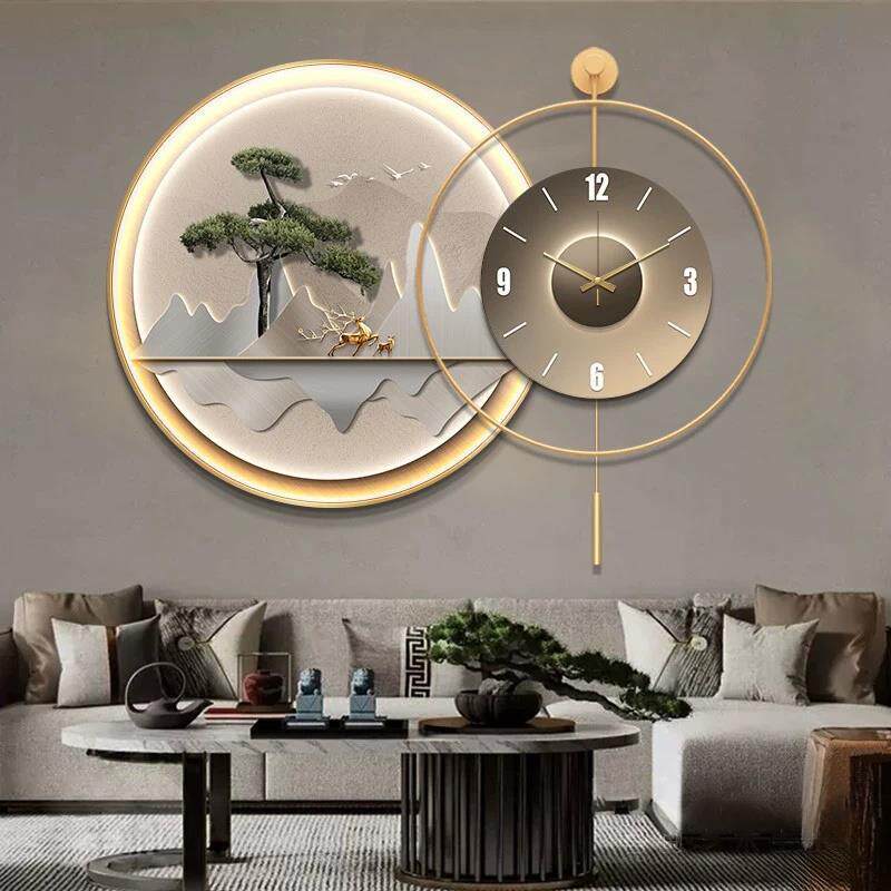 迎客松餐厅装饰画高档钟表挂钟灯画饭厅挂画客厅麋鹿时钟壁画