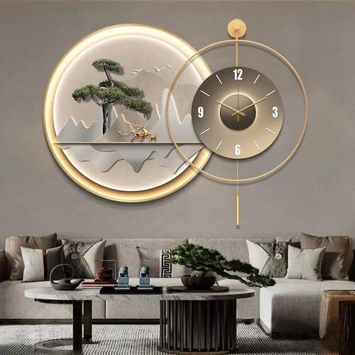 迎客松餐厅装饰画高档钟表挂钟灯画饭厅挂画客厅麋鹿时钟壁画