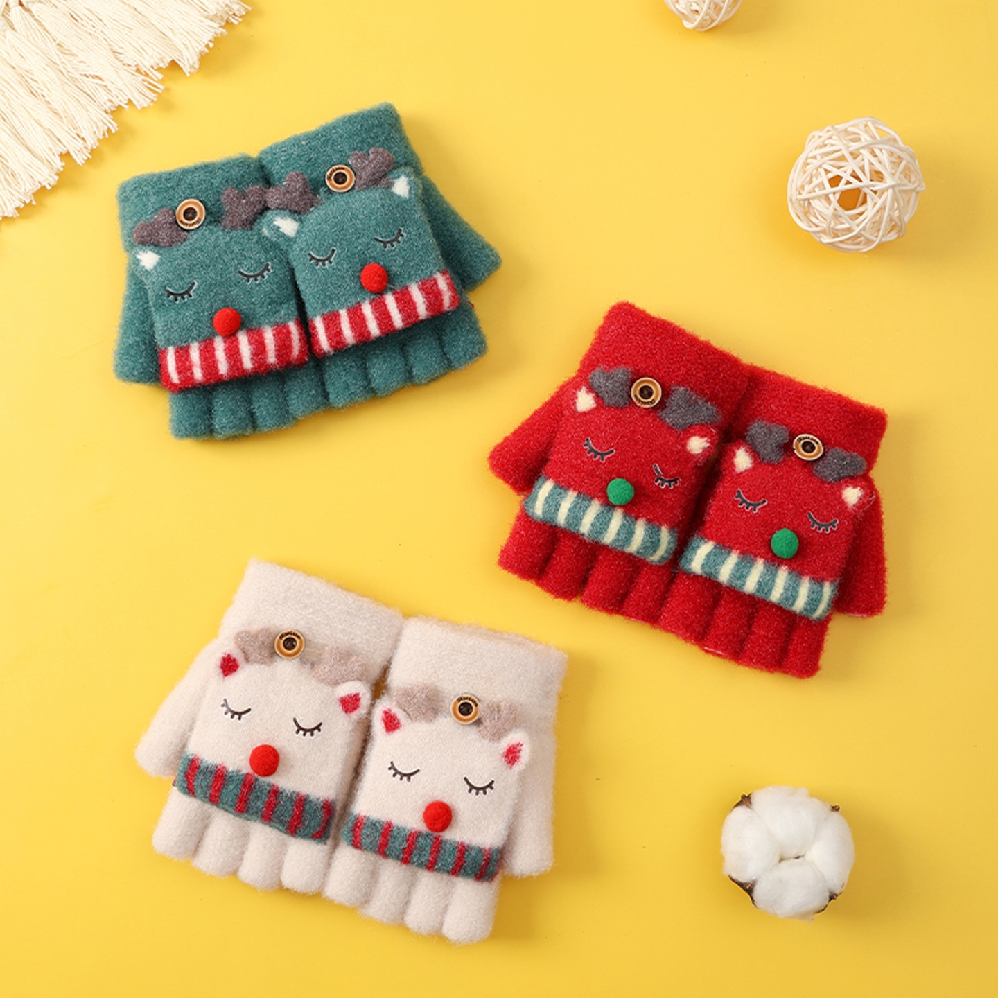 儿童手套冬季圣诞可爱半指翻盖男女童小学生保暖防寒幼儿园圣诞节