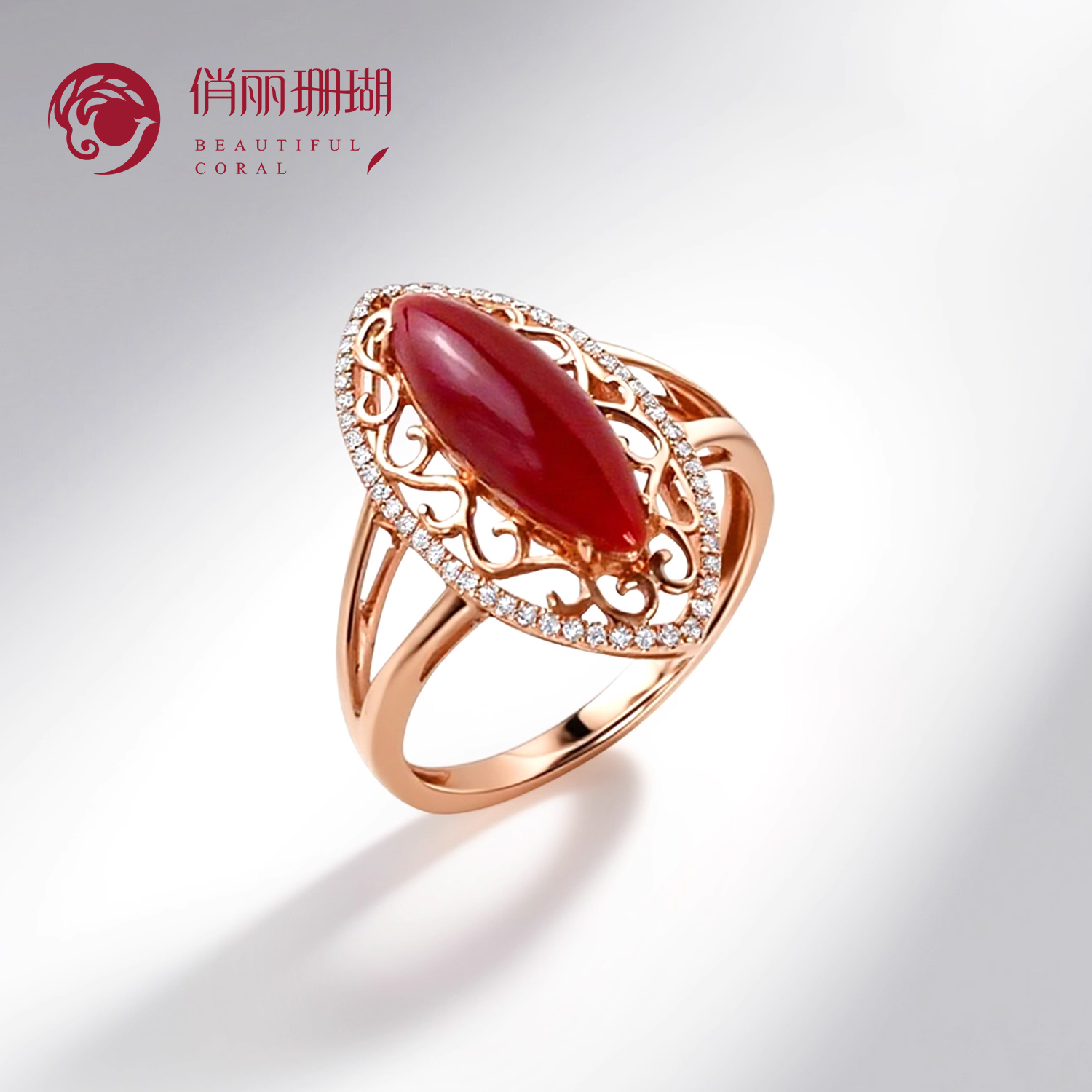 俏丽日本阿卡红珊瑚18K金戒指