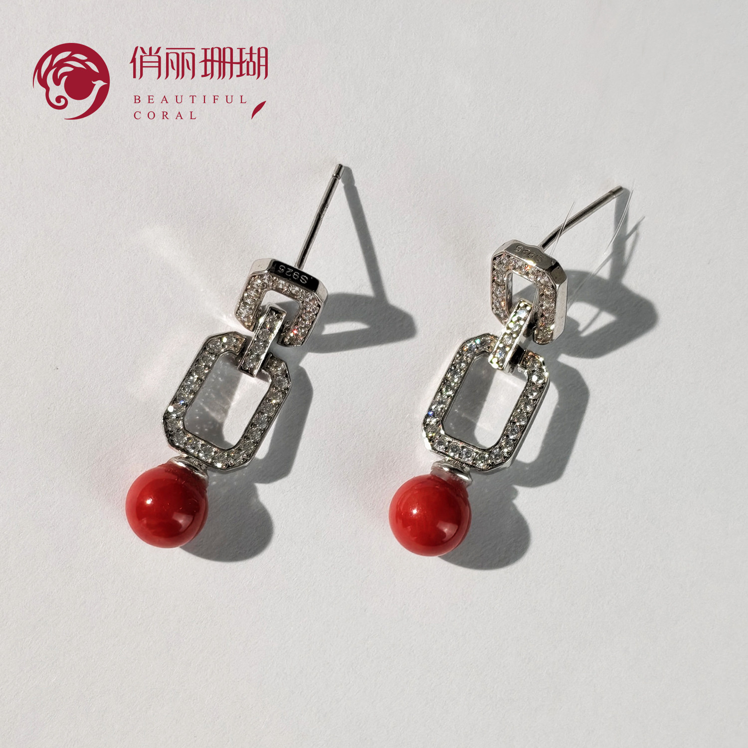 俏丽天然红珊瑚925银耳饰