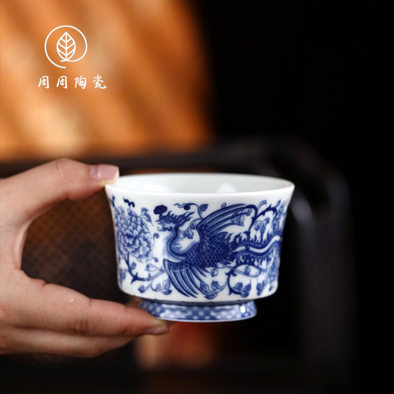 景德镇复古青花龙凤主人杯陶瓷功夫茶杯个人专用杯高档送礼杯子
