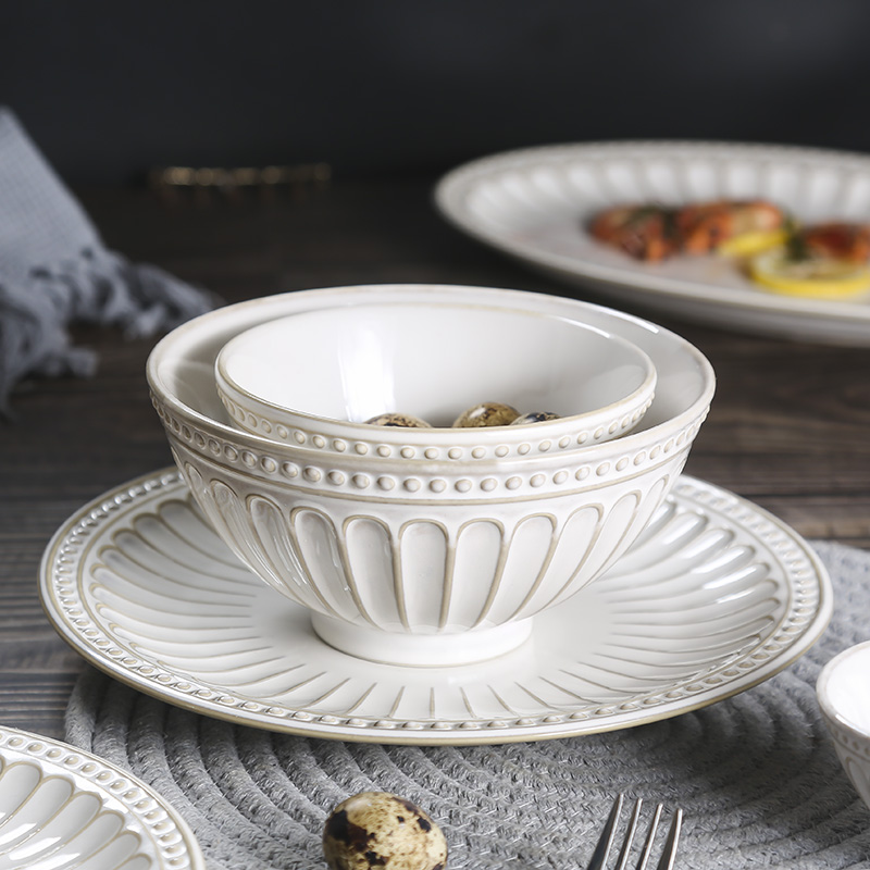 欧式浮雕西餐盘珠点牛排盘家用意大利面碗盘餐具大汤碗复古陶瓷盘