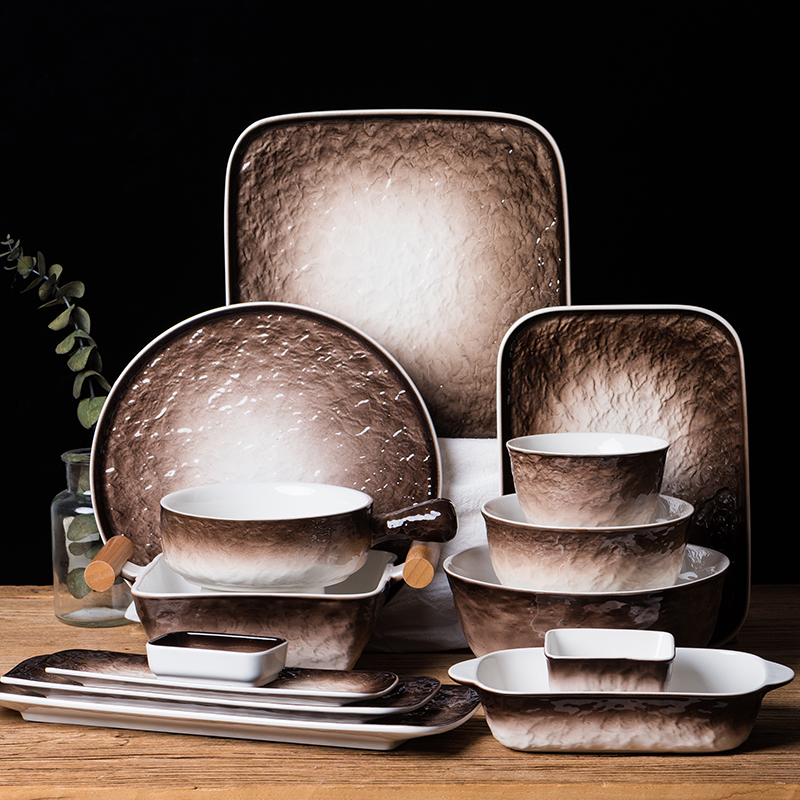 石纹棕盘子早餐盘水果盘寿司盘方形盘圆盘披萨盘味碟家用陶瓷餐具