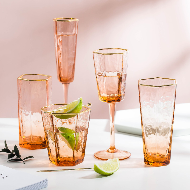 北欧锤纹玻璃酒杯创意香槟杯威士忌红酒杯高脚葡萄酒杯家用冷饮杯