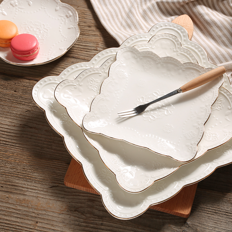 西式金边浮雕蕾丝花朵花边陶瓷盘子 蛋糕盘 金边西餐盘点心盘