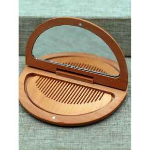 随身梳子镜子二合一新款木质半月形折叠小镜子 便携式女士带梳子