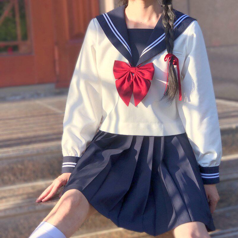 日系正统jk制服基础款水手服套装白二本长袖中间服浓绀百褶裙