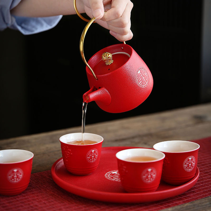 结婚敬茶杯茶具套装陶瓷红色提梁壶中式婚庆用品新娘嫁妆闺蜜礼物