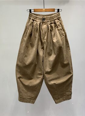 卡其色九分垮裤2024春秋新品韩版D松紧腰大码宽松水洗萝卜裤老爹