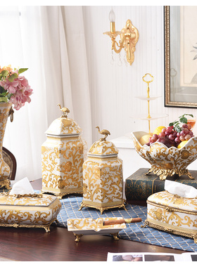 美式欧式金色铜配瓷奢华果盘花瓶纸巾盒 乔迁客厅玄关装饰品摆件