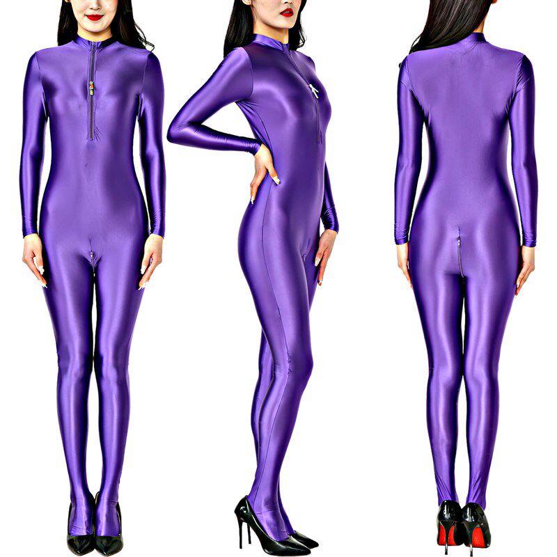 女士新款全身长袖包脚连体衣油亮柔软丝滑表演服秀服拉拉队角色扮