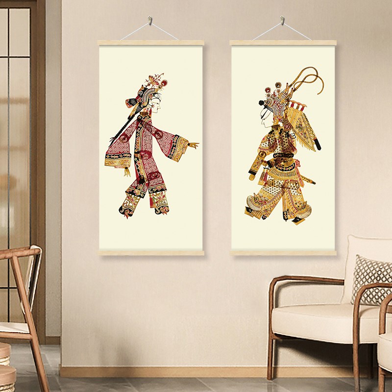 皮影戏装饰画戏曲人物挂画布艺中国风装饰布新中式客厅餐厅墙壁画图片