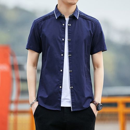 按扣衬衣男半袖纯棉夏季亲夫吸汗暗扣子拼接大码潮胖村杉衣衬衫土